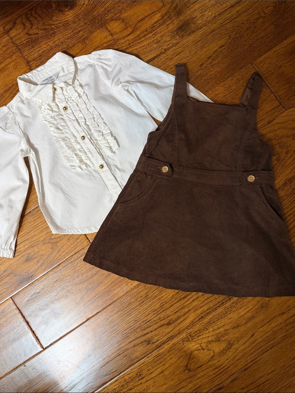 Girls Brown Pinafore Dress and Cream Ruffle Blouse Set